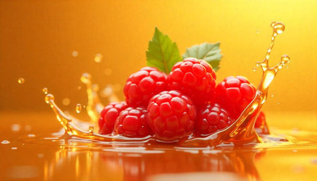 Fresh raspberries splashing in golden honey, vibrant and delicious