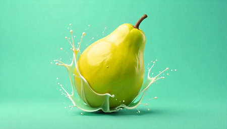 Pear with splash of milky liquid against green backdropの写真素材