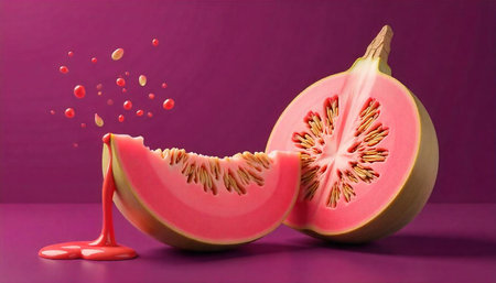 Fresh pink melon slices with dripping juice still life