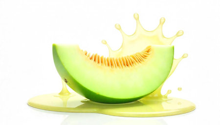 Honeydew melon slice with juice splash on white backgroundの写真素材