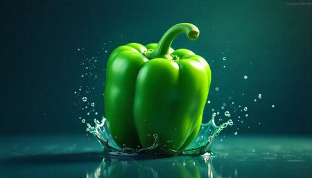 Fresh Green Bell Pepper Splashing in Water Still Life