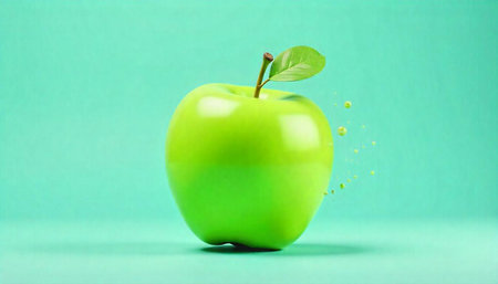 Bright green apple with stem and leaf on teal backdrop