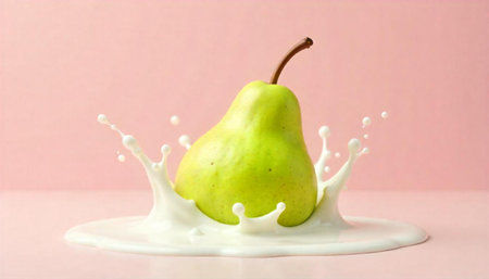 Green pear in milk splash on pink backgroundの写真素材