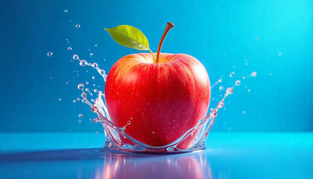 Red apple with water splash on bright blue background