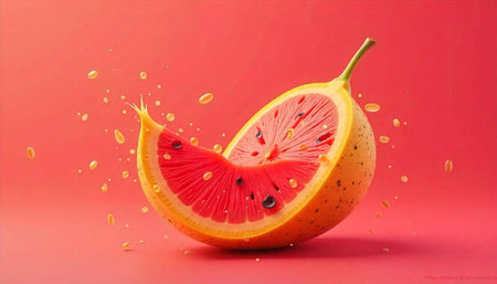Exotic fruit cross section on pink background with juice drops