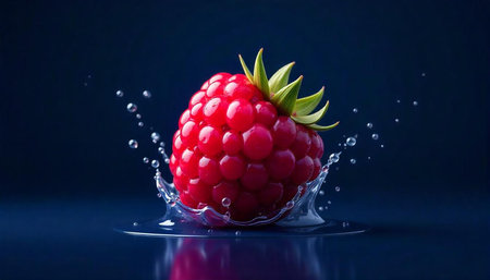 Vibrant raspberry amidst water droplets against a deep blue backdropの写真素材