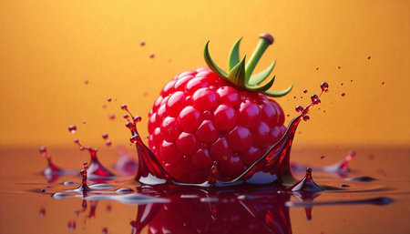 Raspberry splash in vibrant juice on orange background