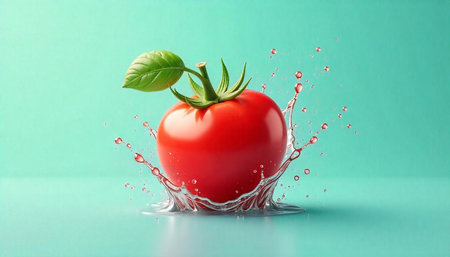 Fresh Tomato with Splash on Cyan Background Still Life