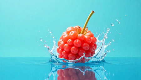 Vibrant orange berry splashing into clear blue water surface