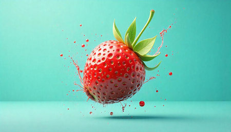 Vibrant red strawberry with splash effect on blue backgroundの写真素材