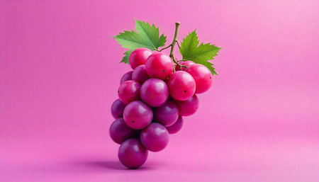 Vibrant bunch of pink grapes against pink background studioの写真素材