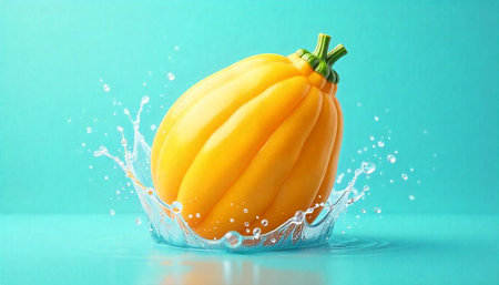 Yellow fruit splashing in water on a turquoise backgroundの写真素材