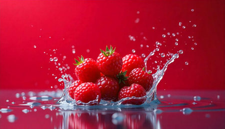 Fresh raspberries with water splash on red reflective surface