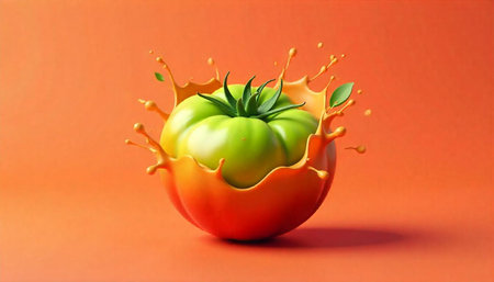 Fresh green tomato with splashing juice on orange backgroundの写真素材