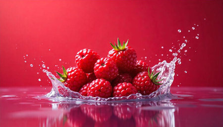 Fresh raspberries splashing into water against vibrant red background