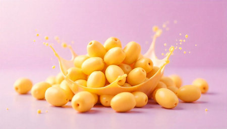 Fresh yellow dates with liquid splash on pastel background