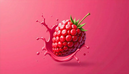 Raspberry with splash effect on a pink background