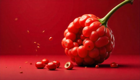 Artistic arrangement of red berries on a solid backgroundの写真素材