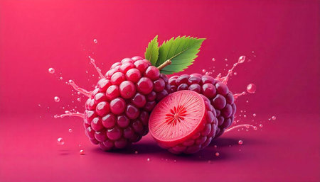 Raspberry composition with splashes on vibrant background still life