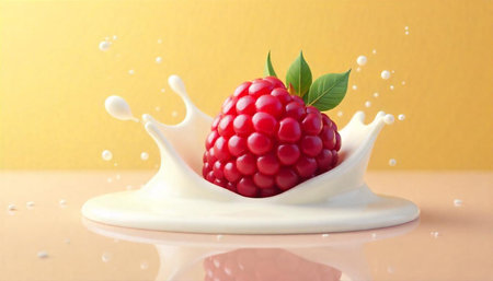 Red raspberry in milk splash on yellow background