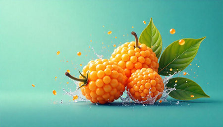 Golden raspberries with splashes of juice on turquoise background