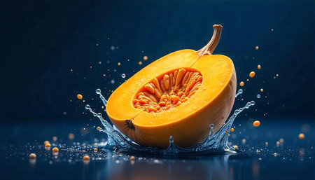 Half Butternut Squash with Water Splash on Dark Background