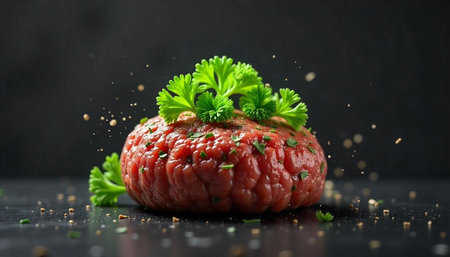 Fresh ground meat with herbs on dark surface
