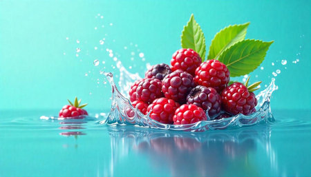 Fresh raspberries splashing in bright blue water background imageの写真素材