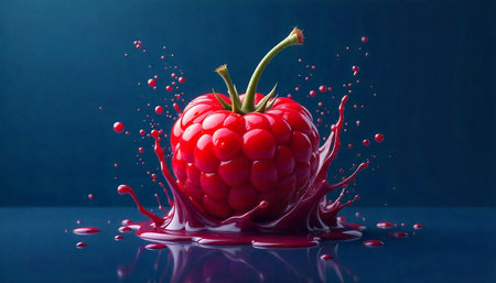 Fresh raspberry with splash on dark blue gradient background