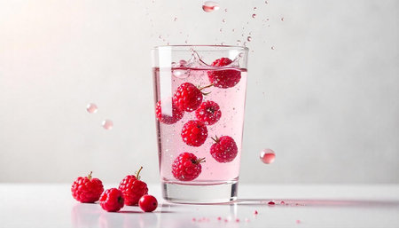 Raspberry infused water splashing in a glass on white