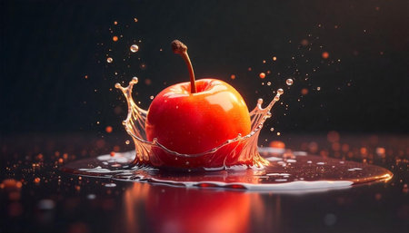 Red apple splashing into liquid with elegant water droplets