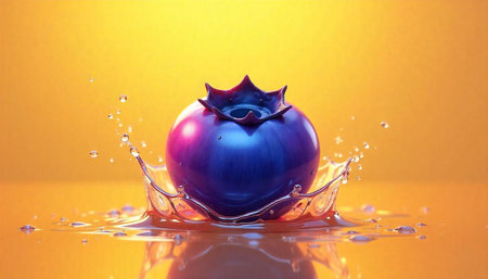 Single fresh blueberry splash with yellow background image
