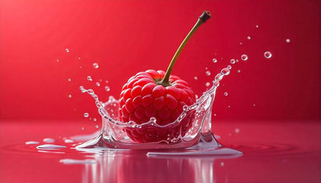 Fresh raspberry splashing in water against red background