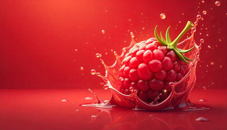 Fresh raspberry splashing in vibrant red juice, close-up view