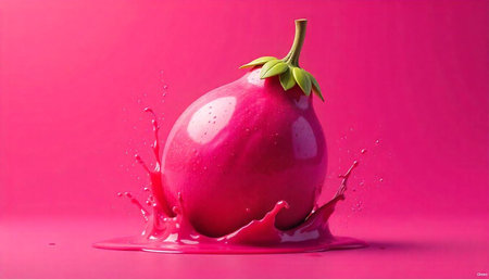 Eggplant and juice splash against monochromatic pink background