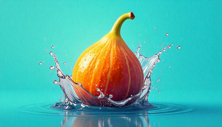 Fig Fruit Plunging Into Water With Splash, Turquoise Background