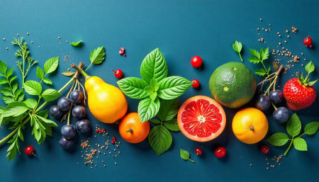 Bright and colorful fruit arrangement on a solid backdrop