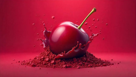 Single cherry with splash effect on red background