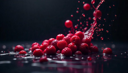 Raspberry splash: vibrant fruit with juice on dark surface