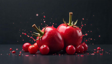 Fresh tomatoes with juice droplets on a dark background