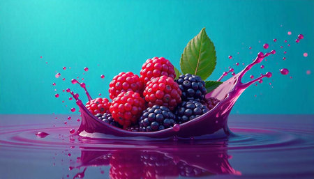 Raspberries and blackberries in purple liquid with vibrant background