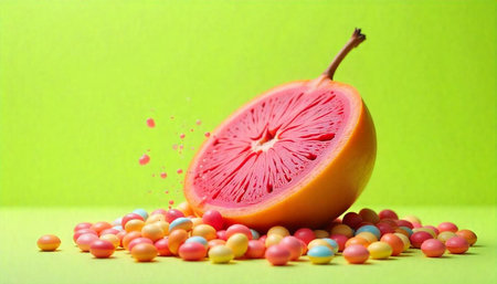 Vibrant grapefruit half alongside colorful candy on green backdrop