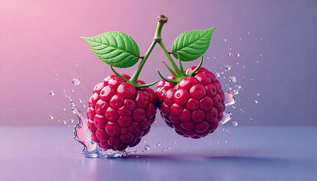 Fresh raspberries splashing with water on a smooth gradient background