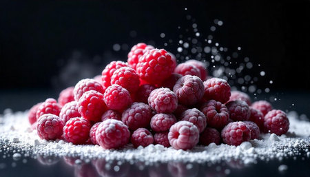 Pile of fresh raspberries with sugar powder on black background