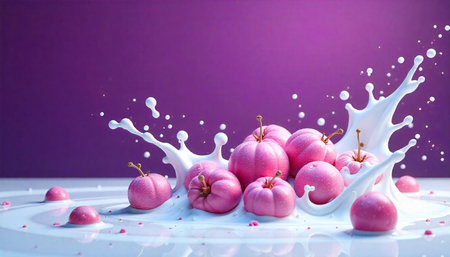 Pink fruits splash in white liquid with purple backgroundの写真素材
