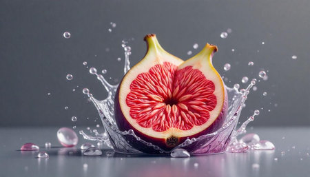 Splashing water around a fresh fig cut in halfの写真素材