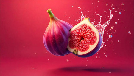 Fresh figs and water splash on a vibrant background
