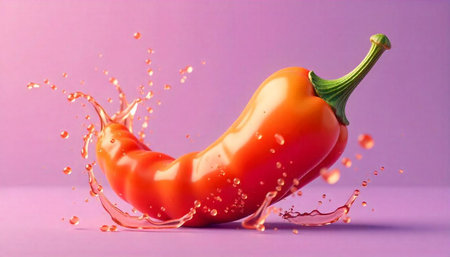 Vibrant chili pepper with splashing liquid on purple background