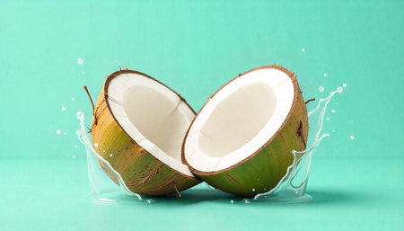 Fresh coconut halves with splash of water on teal background