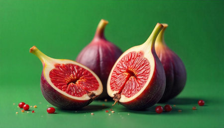 Fresh figs on green background, cut open showing texture